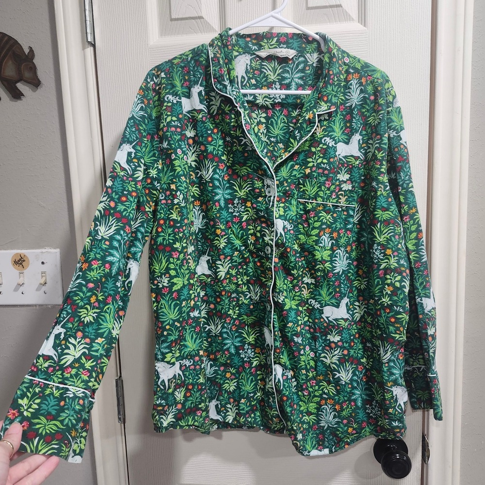 Printfresh Unicorn Organic Cotton Pajama Top Green Floral Button Down XL